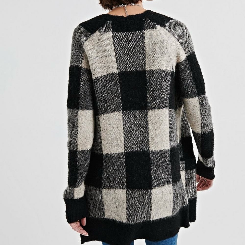 Lucky Brand Black Ivory Buffalo Plaid Open Front Wool Blend Cardigan - Picture 2 of 8